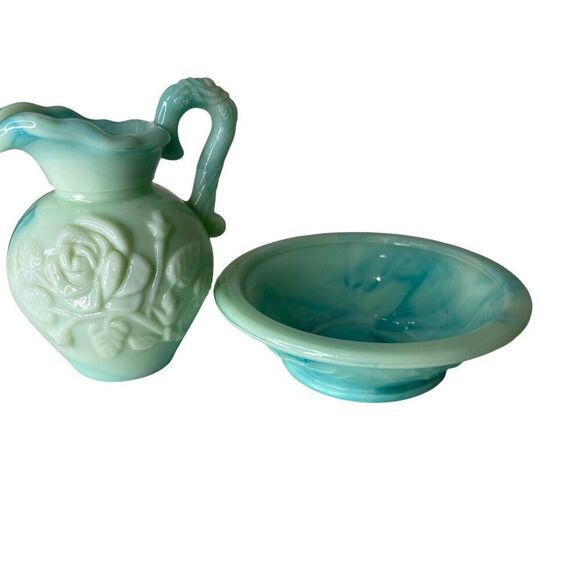 Vintage Avon Jade Marble Milk Glass Pitcher Mini Bowl Rose Victorian Blue - Picture 13 of 16